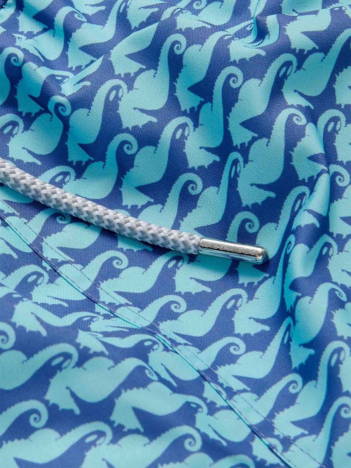 Men's Seahorses and Orcas Staniel Swim Shorts featuring a detailed marine life print with aqua green seahorses and deep blue orcas, quick-dry fabric, and a braided drawstring.