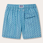 Men's swim shorts featuring a pattern of orcas and seahorses in shades of blue and aqua green, made from quick-dry, 100% recycled fabric.