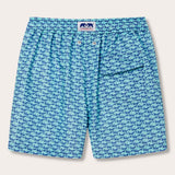 Men's swim shorts featuring a pattern of orcas and seahorses in shades of blue and aqua green, made from quick-dry, 100% recycled fabric.