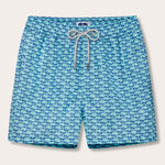 Men's Seahorses and Orcas Staniel Swim Shorts featuring blue and green marine animal print on quick-dry, recycled fabric.