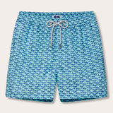 Men's Seahorses and Orcas Staniel Swim Shorts featuring blue and green marine animal print on quick-dry, recycled fabric.