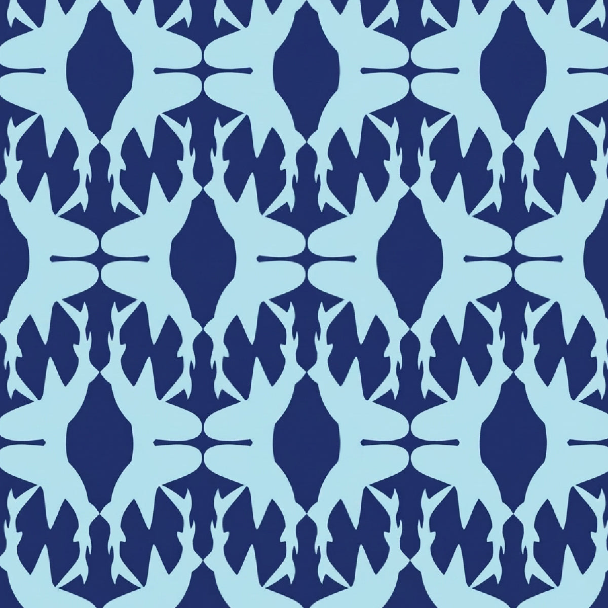 A repeating seamless pattern featuring stylized silhouettes in light blue and dark navy blue.