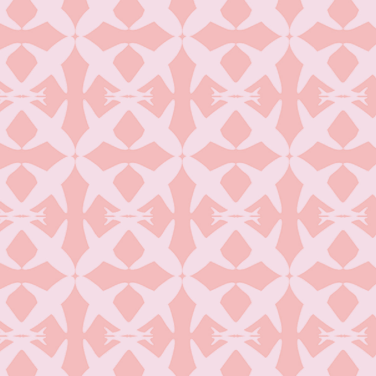A repeating geometric pattern in soft pink and pale pink, featuring symmetrical shark shapes that form a seamless tile design.
