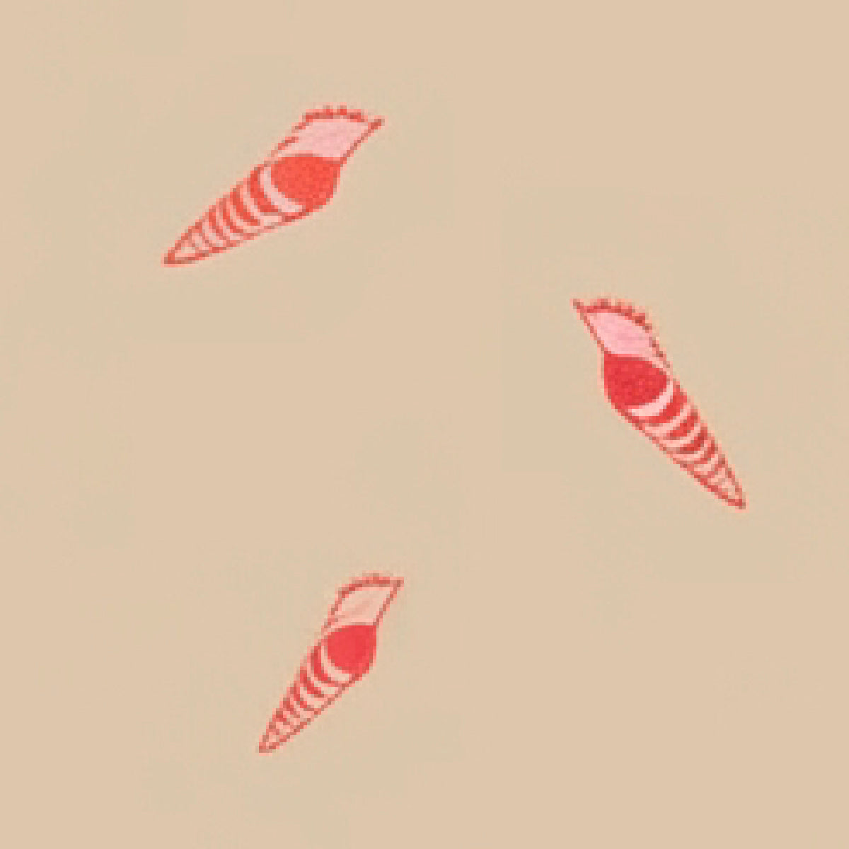A flat-lay pattern featuring three stylized red and pink striped seashell illustrations on a solid beige background.