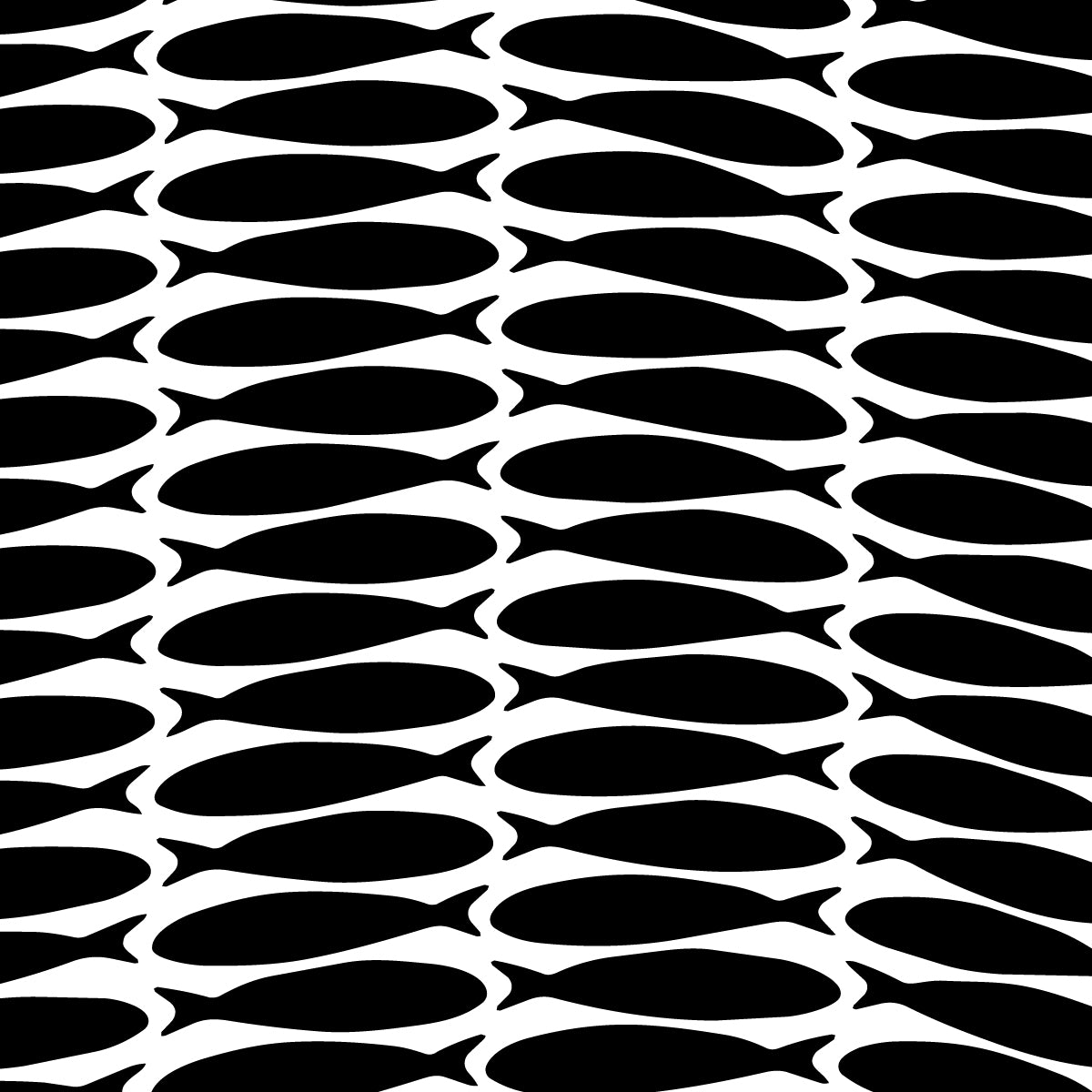 A repeating black fish silhouette pattern on a white background, filling the entire frame.