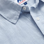 Sky Blue Hoffman mens Linen Shirt close-up view. 