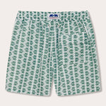 Men's Dolphins of Greece Staniel Swim Shorts with a green and white dolphin pattern on a flat white background.