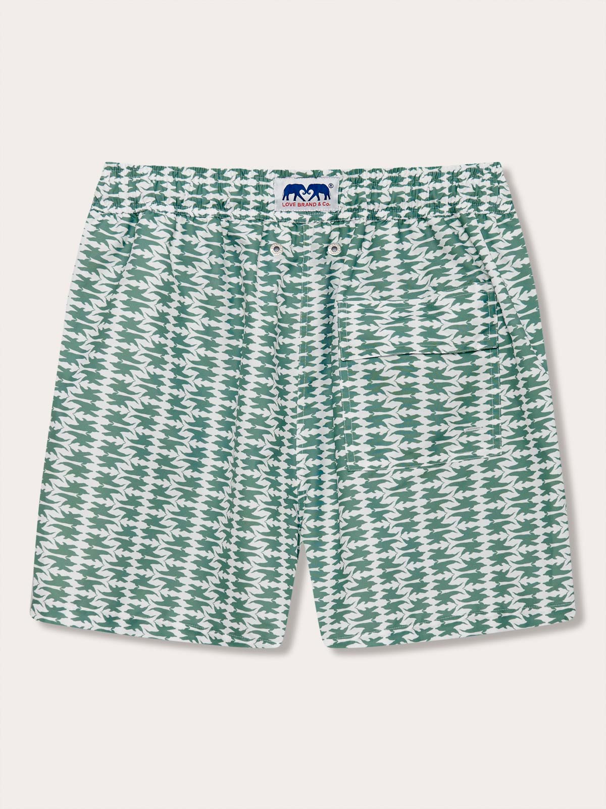 Men's Dolphins of Greece Staniel Swim Shorts with a green and white dolphin pattern on a flat white background.