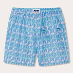 Men's Party Like a LobStar Staniel Swim Shorts featuring a fun pattern of dancing lobsters and swaying palm trees on a light blue background.