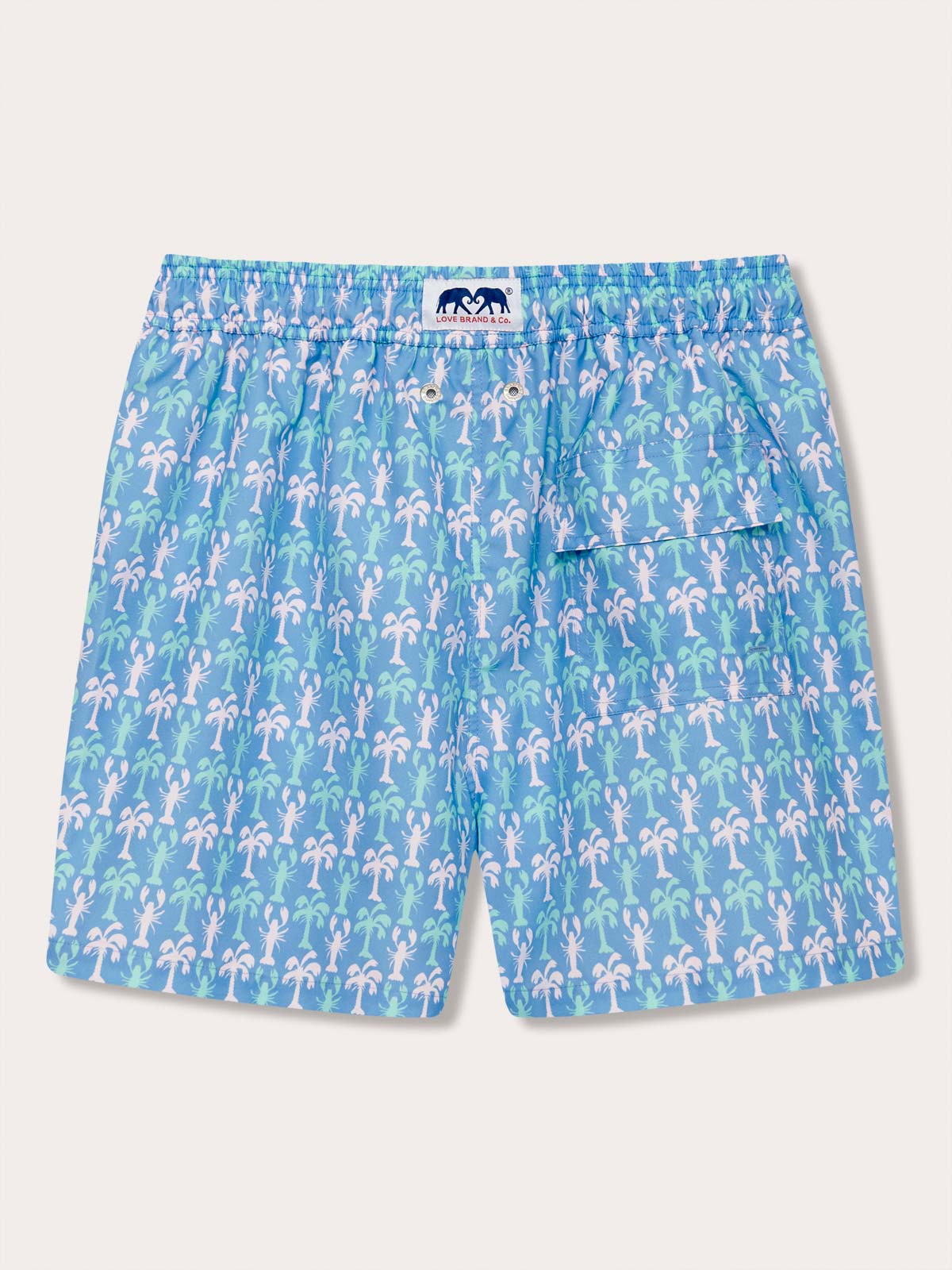 Men's Party Like a LobStar Staniel Swim Shorts featuring a fun pattern of dancing lobsters and swaying palm trees on a light blue background.