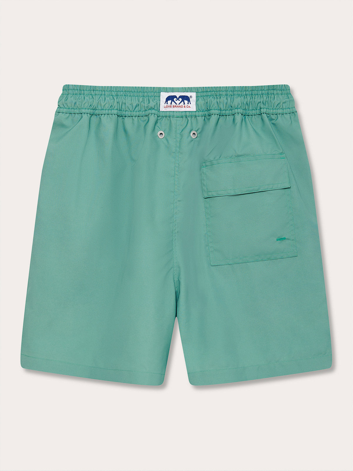 Men's Riviera Green Staniel Swim Shorts made from quick-dry, 100% recycled fabric. Plain swim shorts featuring an elastic waistband and a back pocket, displayed against a neutral background.