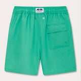 Men's Sicilian Green Staniel Swim Shorts with an elastic waistband, back pocket, and quick-drying material.