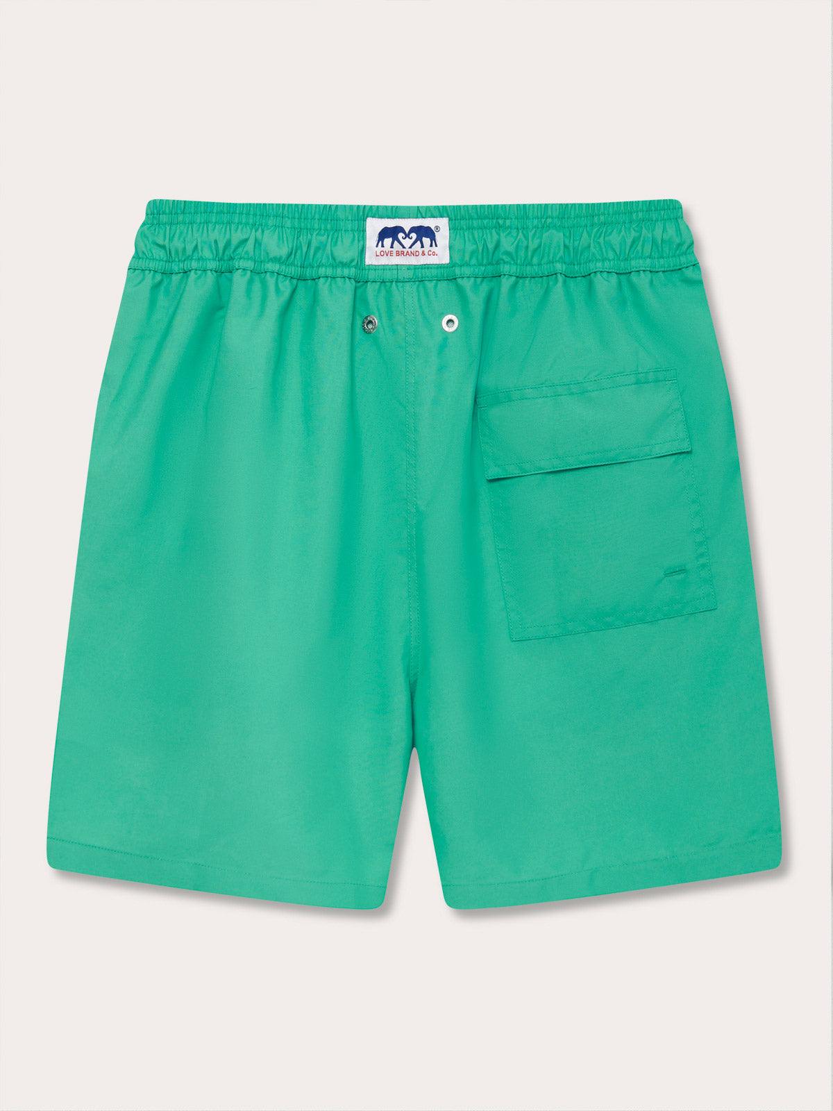 Men's Sicilian Green Staniel Swim Shorts with an elastic waistband, back pocket, and quick-drying material.