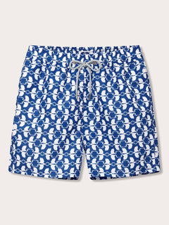 Men's White Heron Staniel Swim Shorts featuring a white heron pattern on a deep blue background, designed for The Boca Raton, made from 100% recycled plastic.