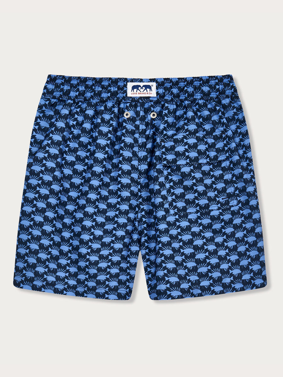 Men's Fish Invasion Staniel Swim Shorts featuring a Lion Fish print on Navy Blue background.