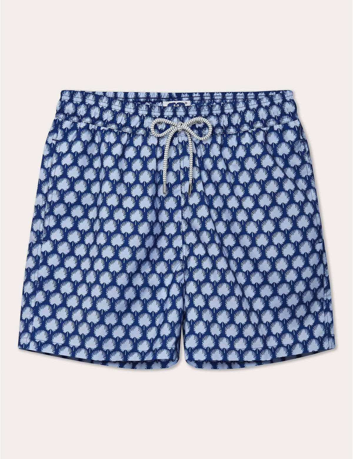 Men's Palm Fans Staniel Swim Shorts. Patterned swim shorts featuring a tropical palm print in deep blue and sky blue.