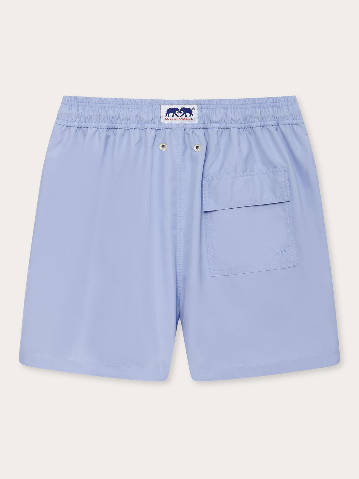 Men's Sky Blue Staniel Swim Shorts back-view. Plain blue swim shorts with backpocket.