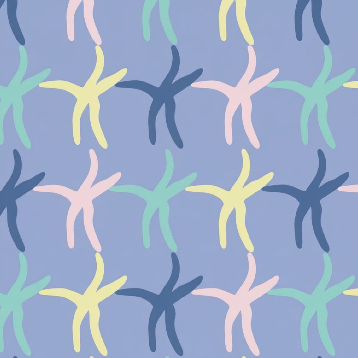 A repeating pattern of stylized five-pointed starfish  in pastel yellow, mint green, pink, and dark blue on a light periwinkle background.