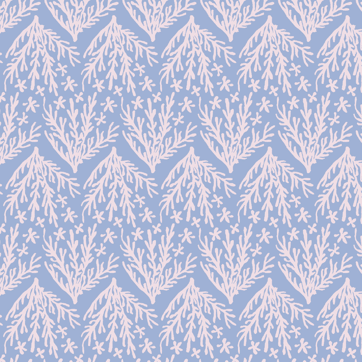 A repeating pattern of pale pink botanical branch motifs on a soft light blue background.