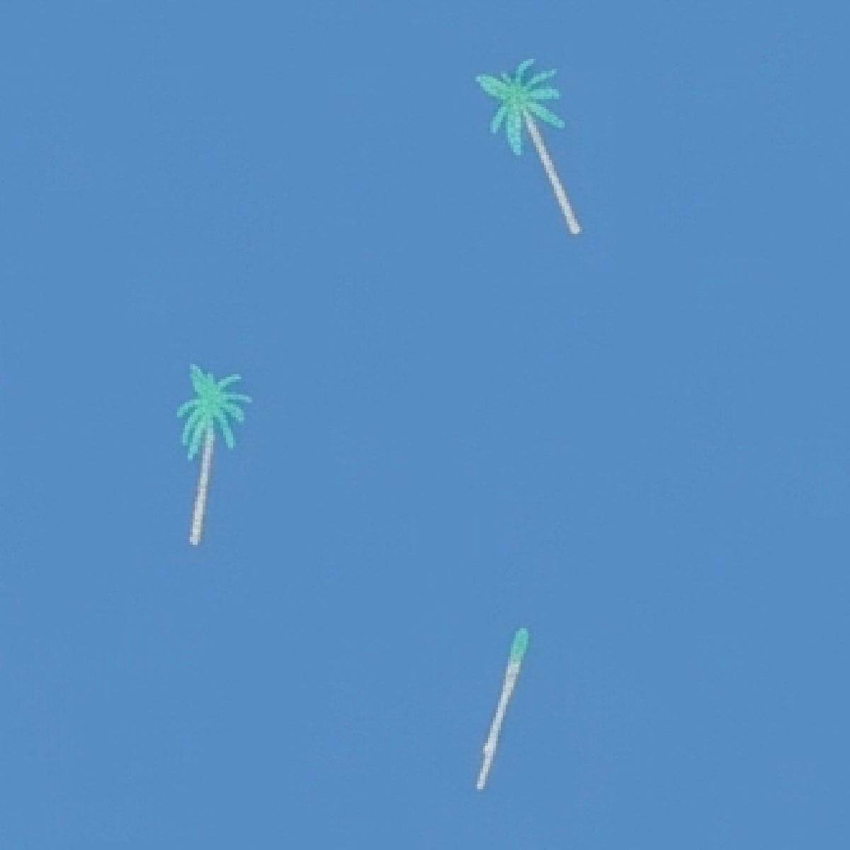 A repeating pattern of three small palm tree silhouettes in light green and beige on a solid medium blue background.