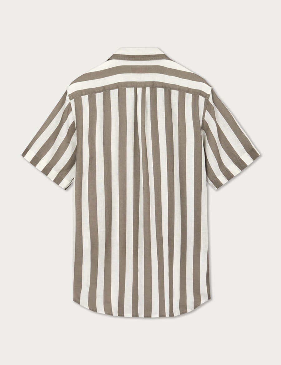 Men's Tan Candy Stripe Manjack Linen Shirt, back view, featuring broad vintage 1950s-inspired stripes. Men's linen shirt in tan and white, with short sleeves, by LOVE BRAND & Co.