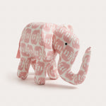 Decorative soft ornament in the shape of an elephant, featuring a pink 'Elephants of India' print on 80s cotton voile.