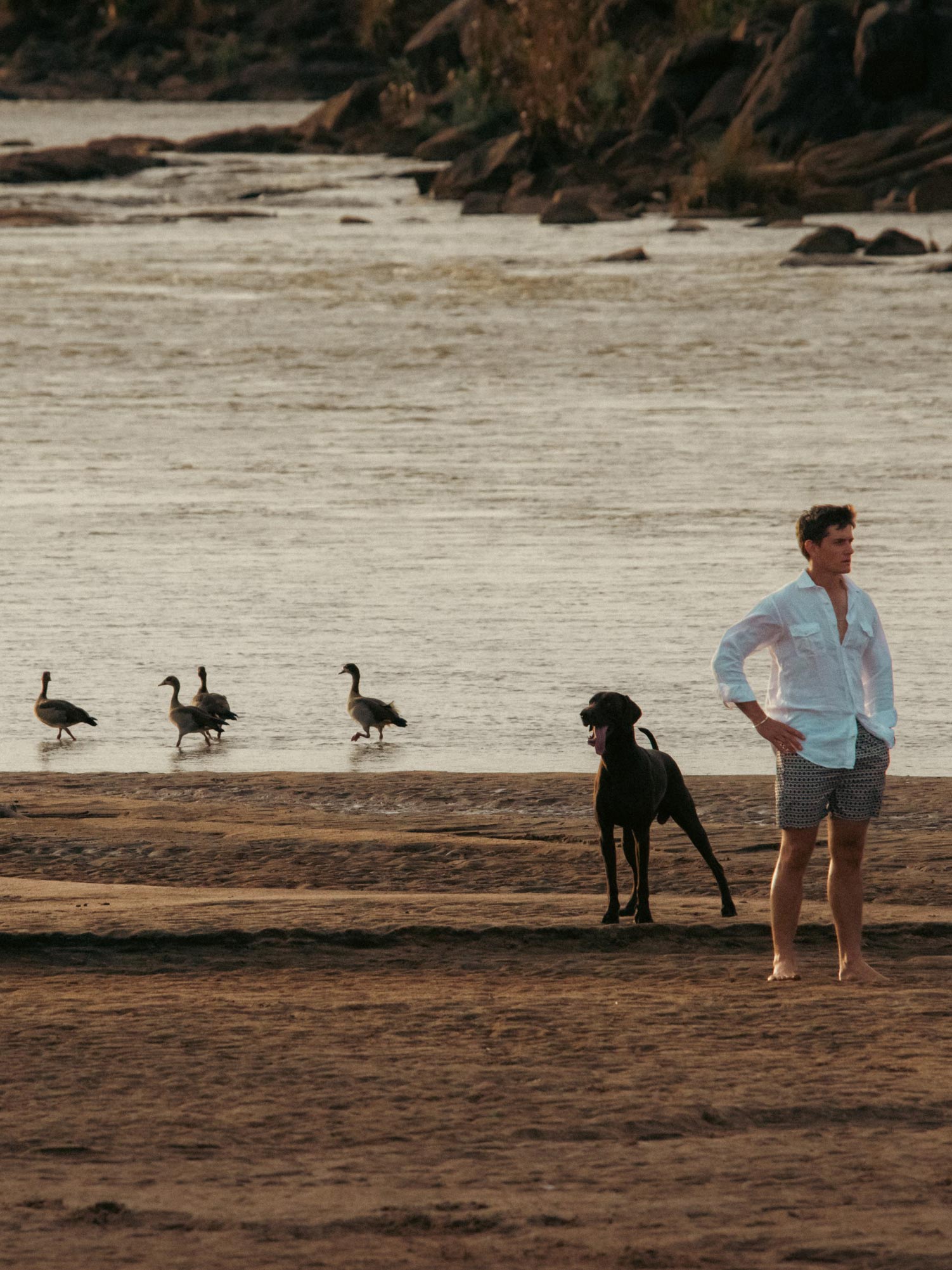 Taru Carr-Hartley wears Love Brand on a beach with dog Dingo