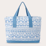 Canvas Tote Bag with unique "Coexist" print in sky blue, featuring elephants, tigers, and hornbills, crafted from block-printed premium cotton canvas with inside pockets and recycled plastic lining.