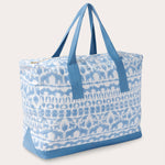 Sky blue and white canvas tote bag with block-printed design featuring elephants, tigers, and hornbills.