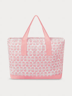 Canvas tote bag featuring the "Elephants of India" block-print in pink, showing mirrored Asian elephants to form a Star Anise illusion, with pink handles and a zip-top, crafted from premium cotton canvas.