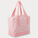 Pink block-printed canvas tote bag featuring mirrored Asian elephants forming a star anise pattern, with sturdy handles and a zippered top.