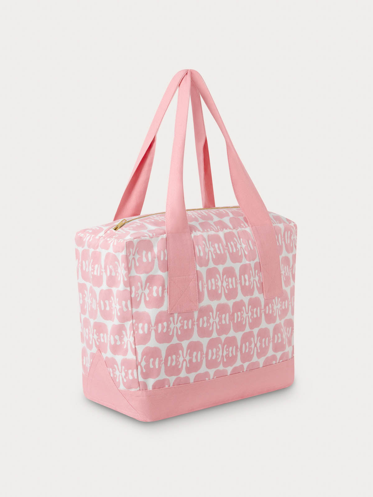 Pink block-printed canvas tote bag featuring mirrored Asian elephants forming a star anise pattern, with sturdy handles and a zippered top.