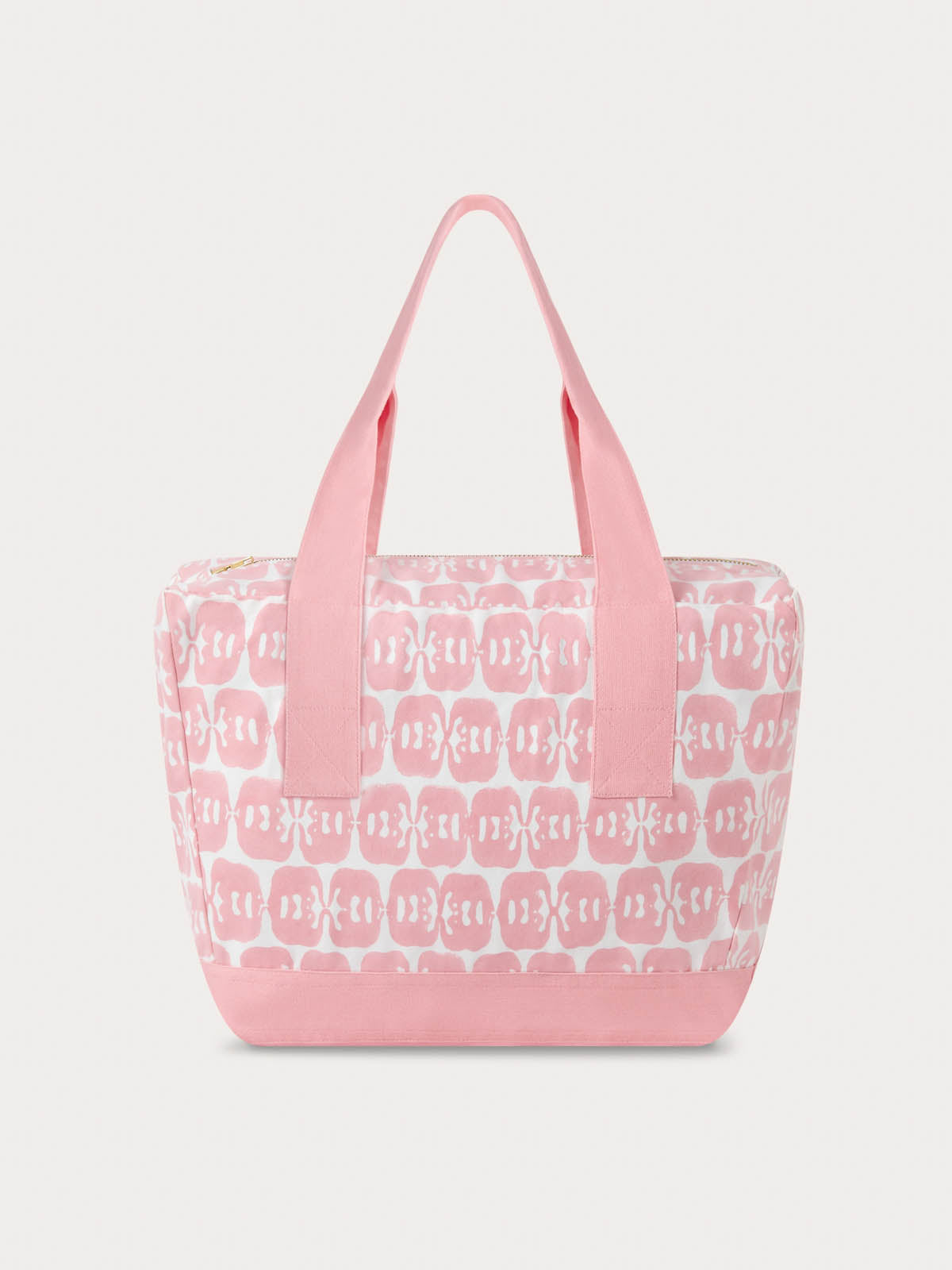 Canvas tote bag with pink and white block-printed design featuring Asian elephants mirrored to form the illusion of Star Anise, crafted from premium cotton canvas with pink handles.