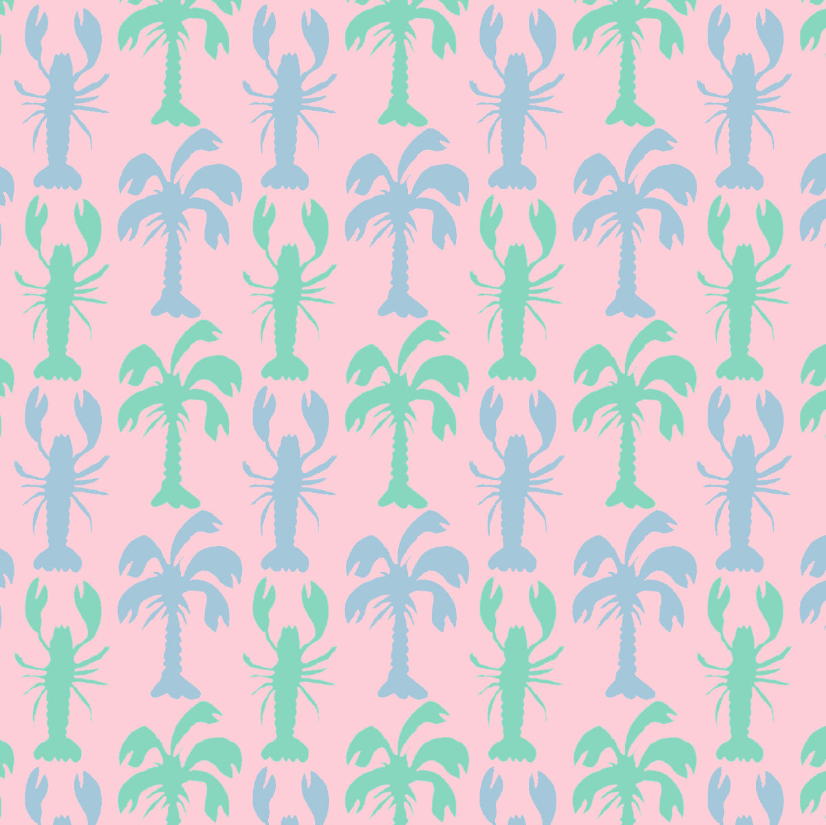 A repeating pattern featuring mint green and light blue lobster silhouettes on a solid pink background.