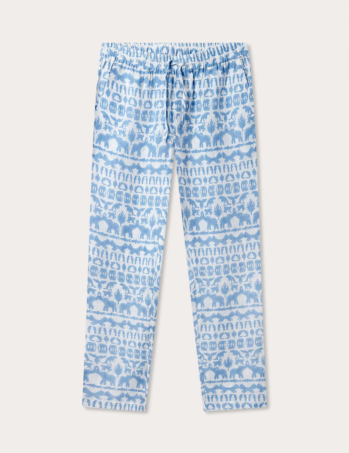 Unisex Eleuthera Trousers - Coexist featuring sky blue Coexist print with animals of the Indian jungles. Unisex linen pants crafted from 100% premium Belgian linen with an elastic waist and drawstring.