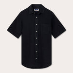 A mens black short sleeve linen shirt with a relaxed fit, perfect for summer.