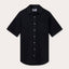 A mens black short sleeve linen shirt with a relaxed fit, perfect for summer.