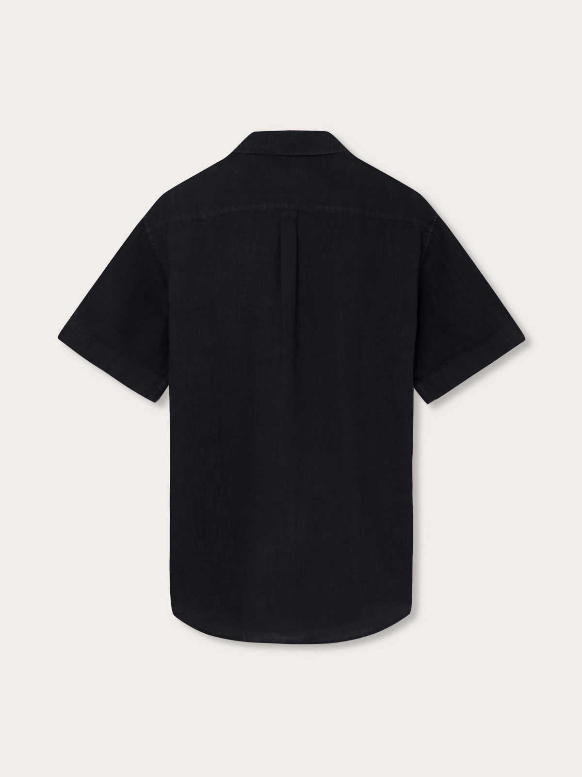 Men's black linen shirt with short sleeves in a relaxed fit.