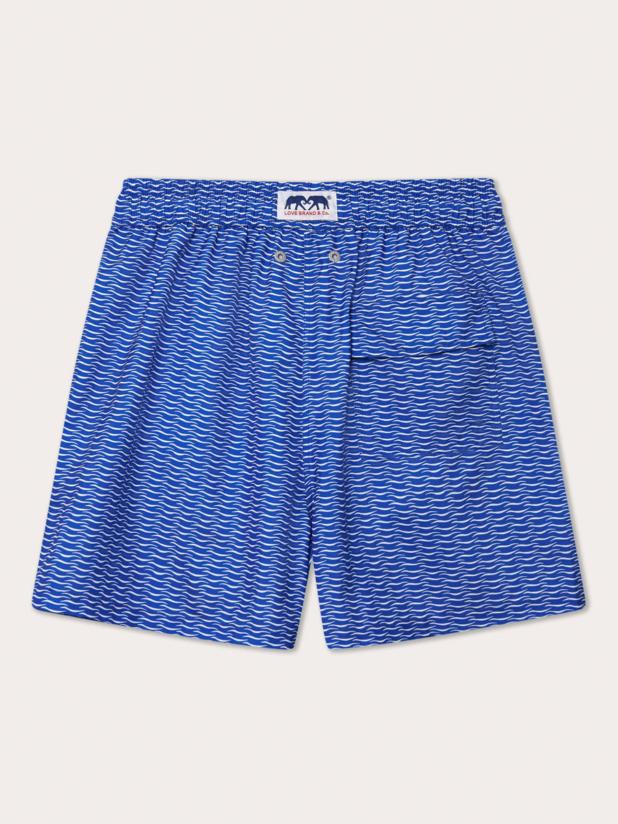 Men's Waves Staniel Swim Shorts in vibrant blue with wave pattern design.