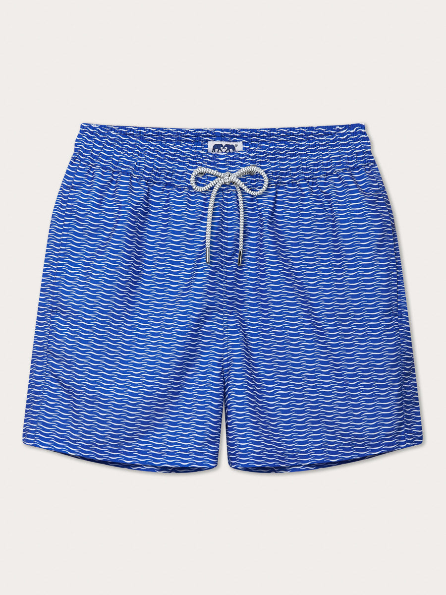 Men's Waves Staniel Swim Shorts showcasing a blue wave pattern and white drawstring closure.