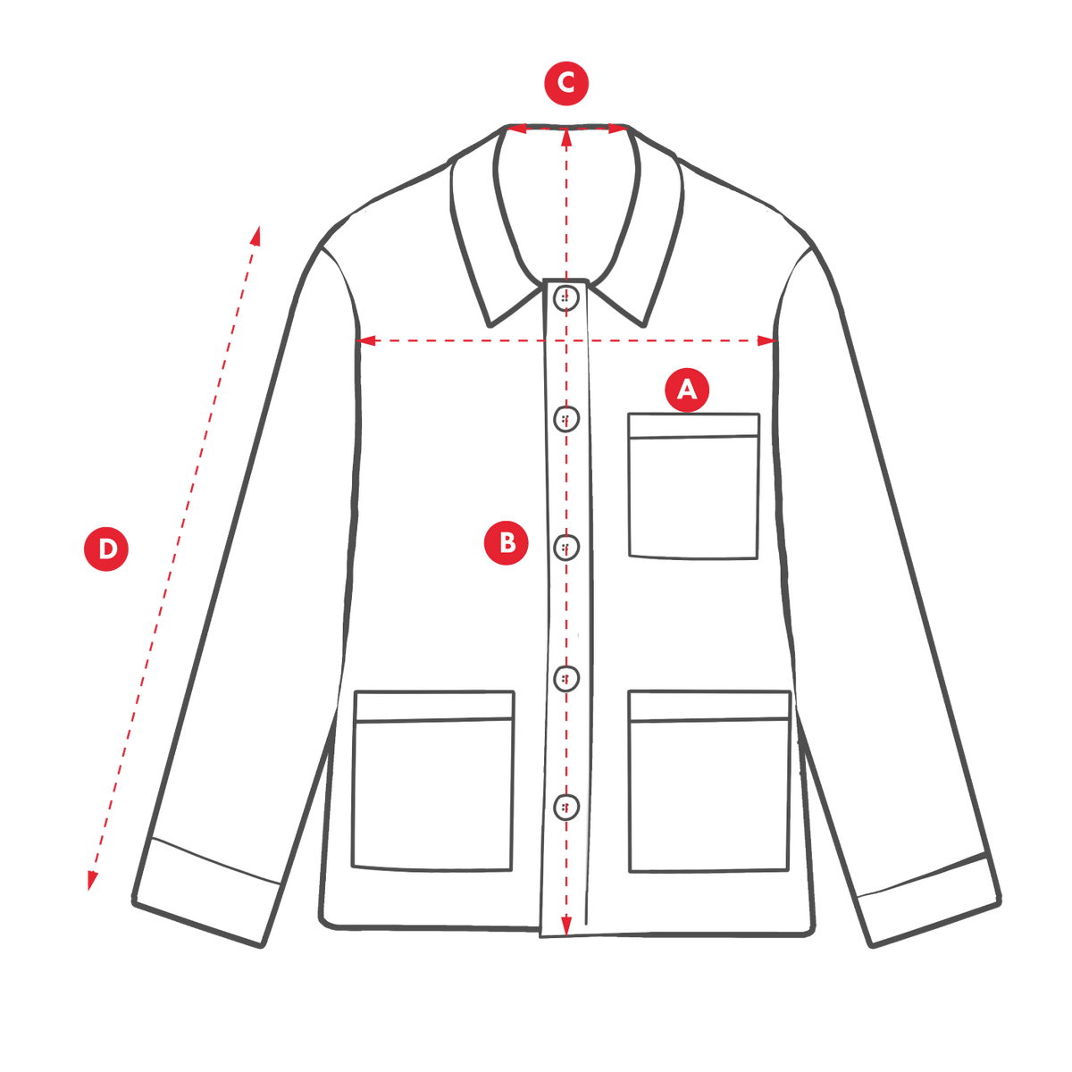 A line-drawn front view of a long-sleeve button-front jacket with red dashed measurement arrows and labeled points A, B, C, and D indicating garment dimensions.