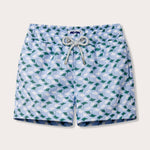 Boys patterned swim shorts with emerald and white manta ray design, featuring a drawstring waist, made from 100% recycled, quick-dry fabric.