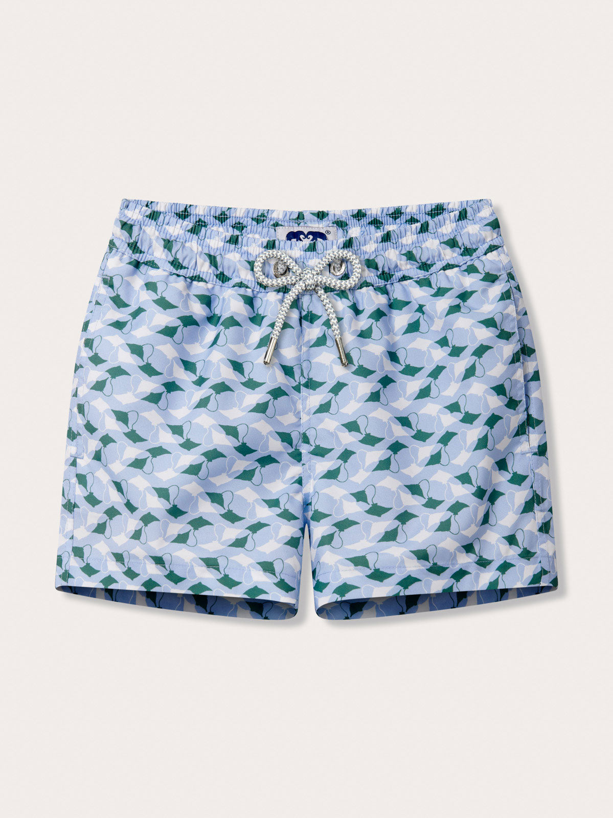 Boys patterned swim shorts with emerald and white manta ray design, featuring a drawstring waist, made from 100% recycled, quick-dry fabric.