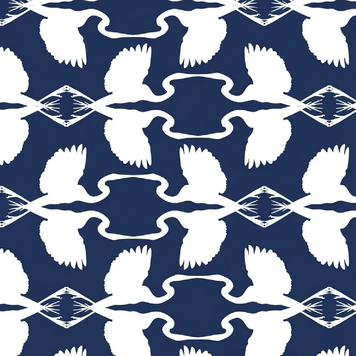 A repeating pattern of white cranes and diamond motifs on a dark navy blue background.