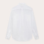 Men's White Andros Hemp Shirt viewed from the back, showcasing long sleeves and buttoned cuffs against a light background.