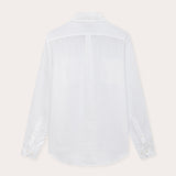 Men's White Andros Hemp Shirt viewed from the back, showcasing long sleeves and buttoned cuffs against a light background.