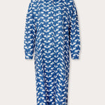 Womens Elephant Palace Blue Sapodilla Linen Shirt Dress. Blue and white midaxi dress with front pocket and long sleeves. block printed.