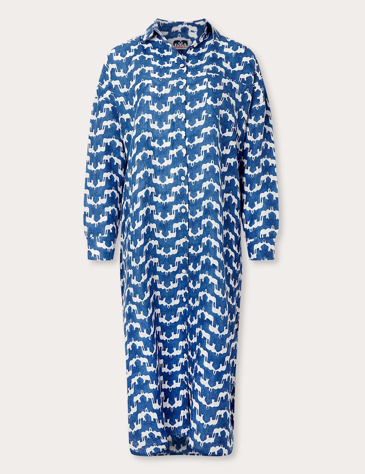 Womens Elephant Palace Blue Sapodilla Linen Shirt Dress. Blue and white midaxi dress with front pocket and long sleeves. block printed.