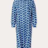 Womens Elephant Palace Blue Sapodilla Linen Shirt Dress. Blue and white midaxi dress with front pocket and long sleeves. block printed.