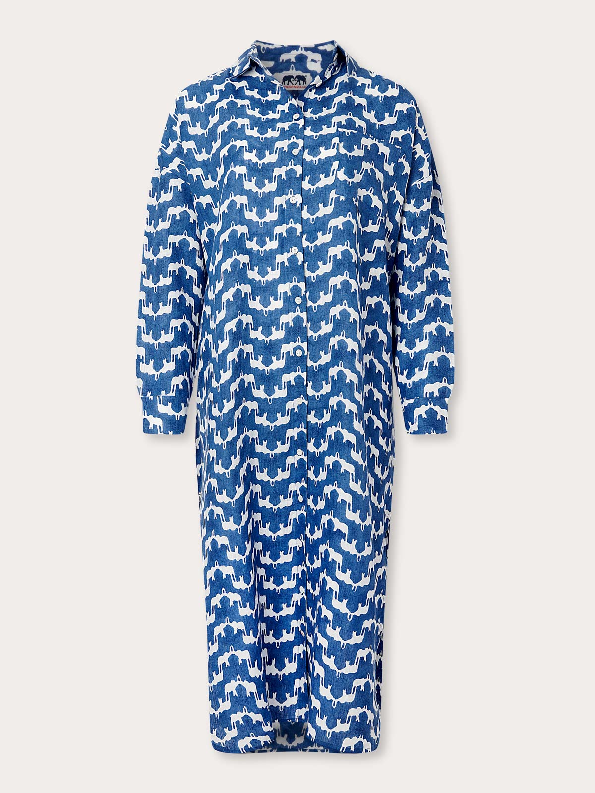 Womens Elephant Palace Blue Sapodilla Linen Shirt Dress. Blue and white midaxi dress with front pocket and long sleeves. block printed.